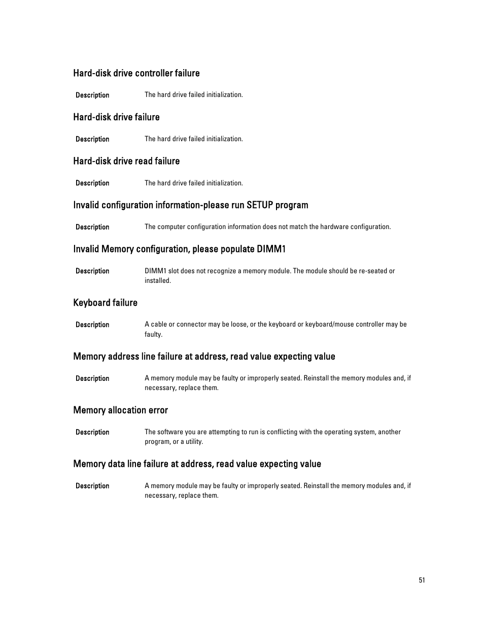 Hard-disk drive controller failure, Hard-disk drive failure, Hard-disk drive read failure | Keyboard failure, Memory allocation error | Dell OptiPlex 3010 (Mid 2012) User Manual | Page 51 / 61