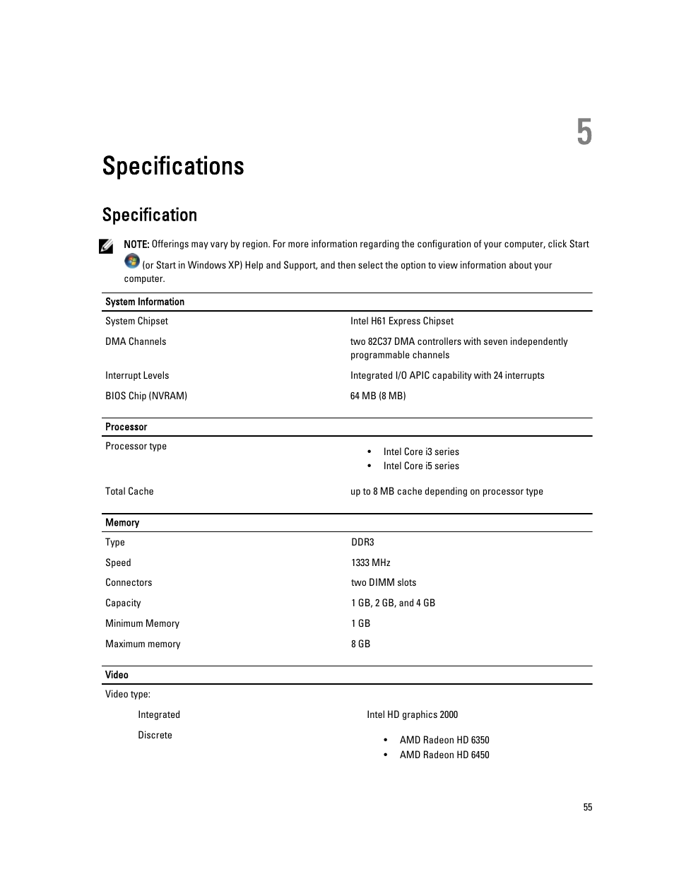 Specifications, Specification, 5 specifications | Dell OptiPlex 3010 (Mid 2012) User Manual | Page 55 / 61