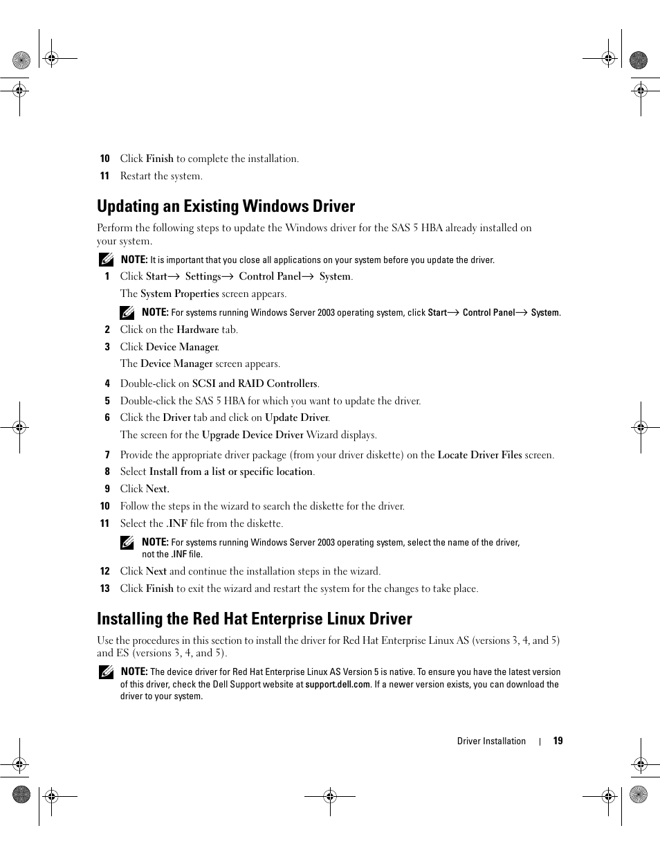 Updating an existing windows driver, Installing the red hat enterprise linux driver | Dell Serial Attached SCSI Host Bus Adapter 5i Integrated and 5E Adapter User Manual | Page 21 / 58