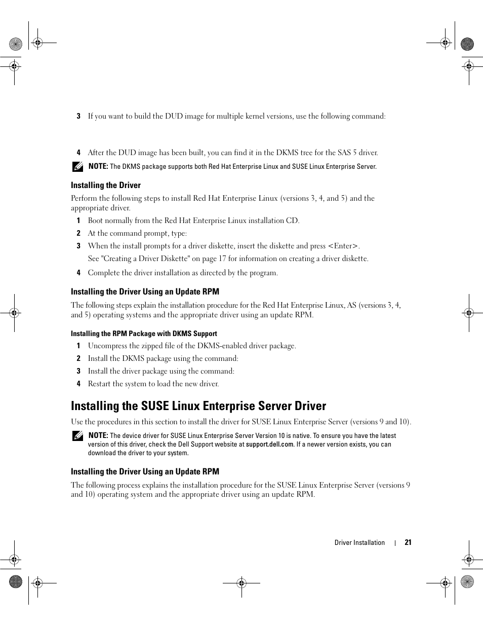 Installing the driver, Installing the driver using an update rpm, Installing the suse linux enterprise server driver | Dell Serial Attached SCSI Host Bus Adapter 5i Integrated and 5E Adapter User Manual | Page 23 / 58
