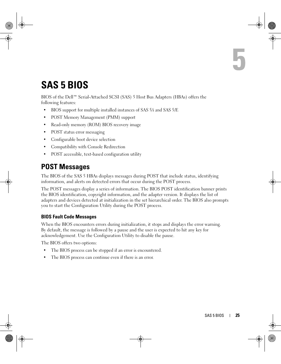 Sas 5 bios, Post messages, Bios fault code messages | Dell Serial Attached SCSI Host Bus Adapter 5i Integrated and 5E Adapter User Manual | Page 27 / 58