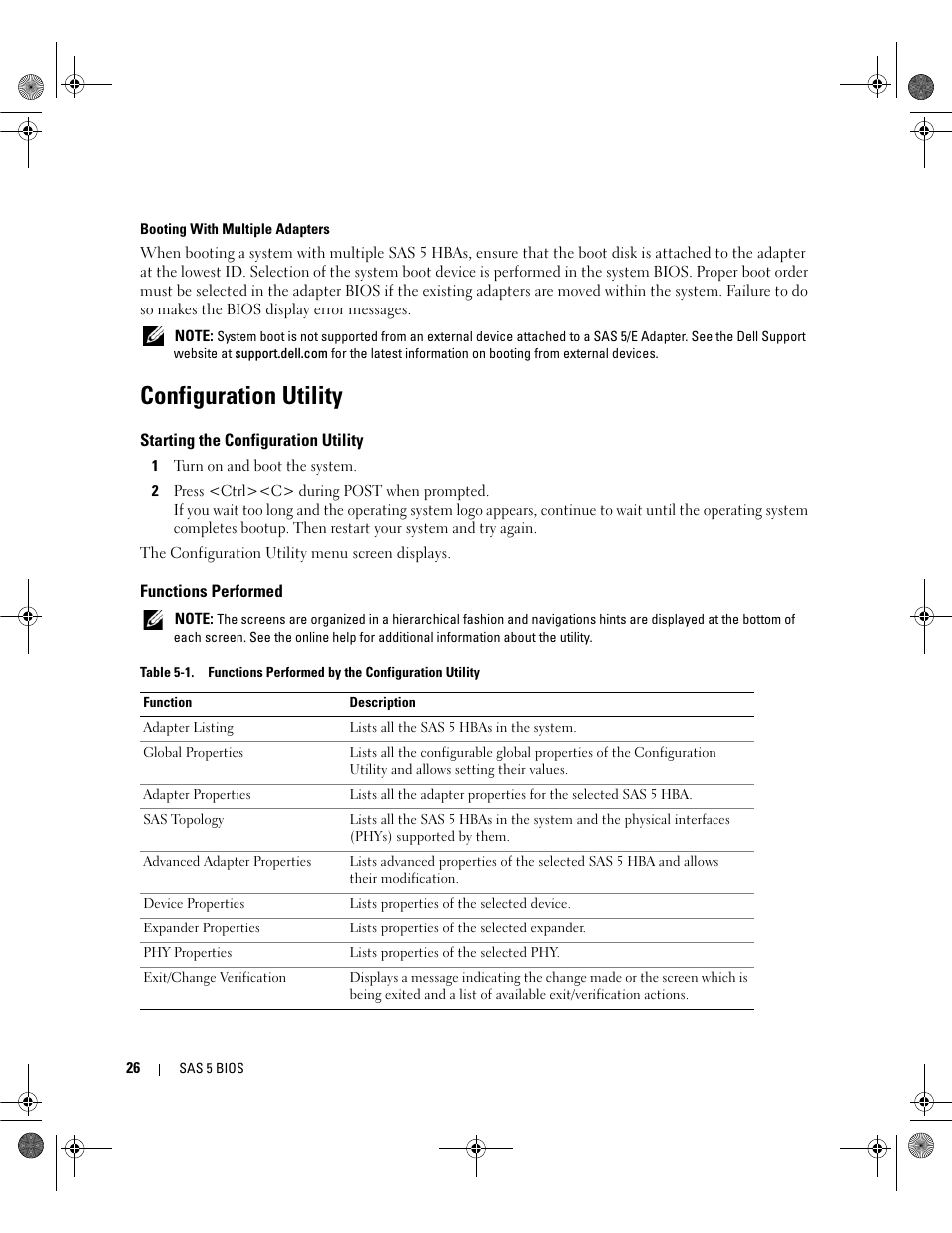 Configuration utility, Starting the configuration utility, Functions performed | Dell Serial Attached SCSI Host Bus Adapter 5i Integrated and 5E Adapter User Manual | Page 28 / 58