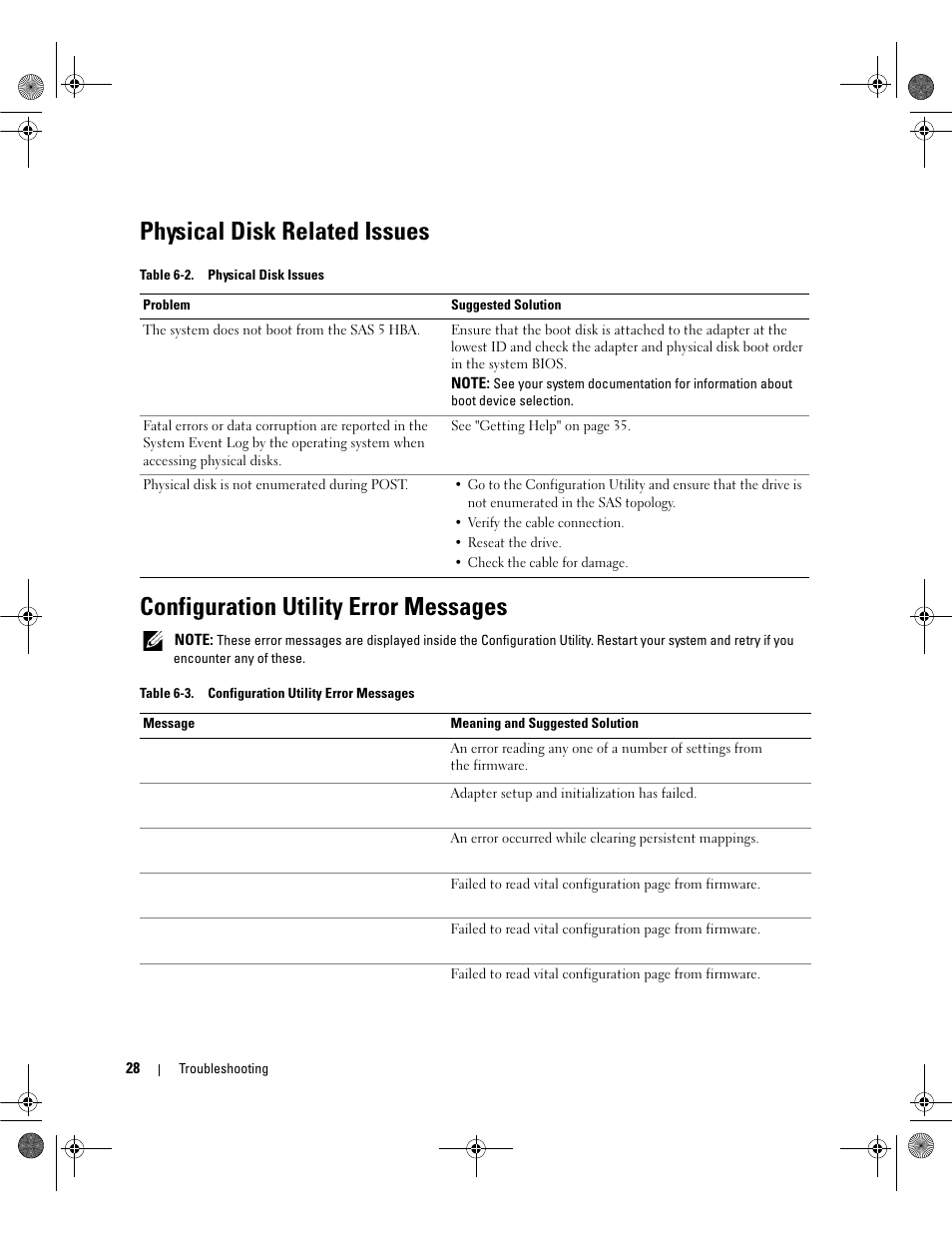 Physical disk related issues, Configuration utility error messages | Dell Serial Attached SCSI Host Bus Adapter 5i Integrated and 5E Adapter User Manual | Page 30 / 58