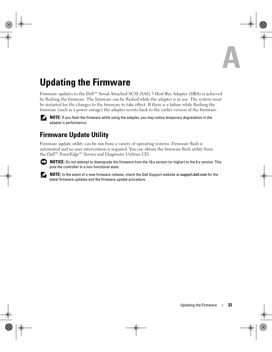 Updating the firmware, Firmware update utility | Dell Serial Attached SCSI Host Bus Adapter 5i Integrated and 5E Adapter User Manual | Page 35 / 58