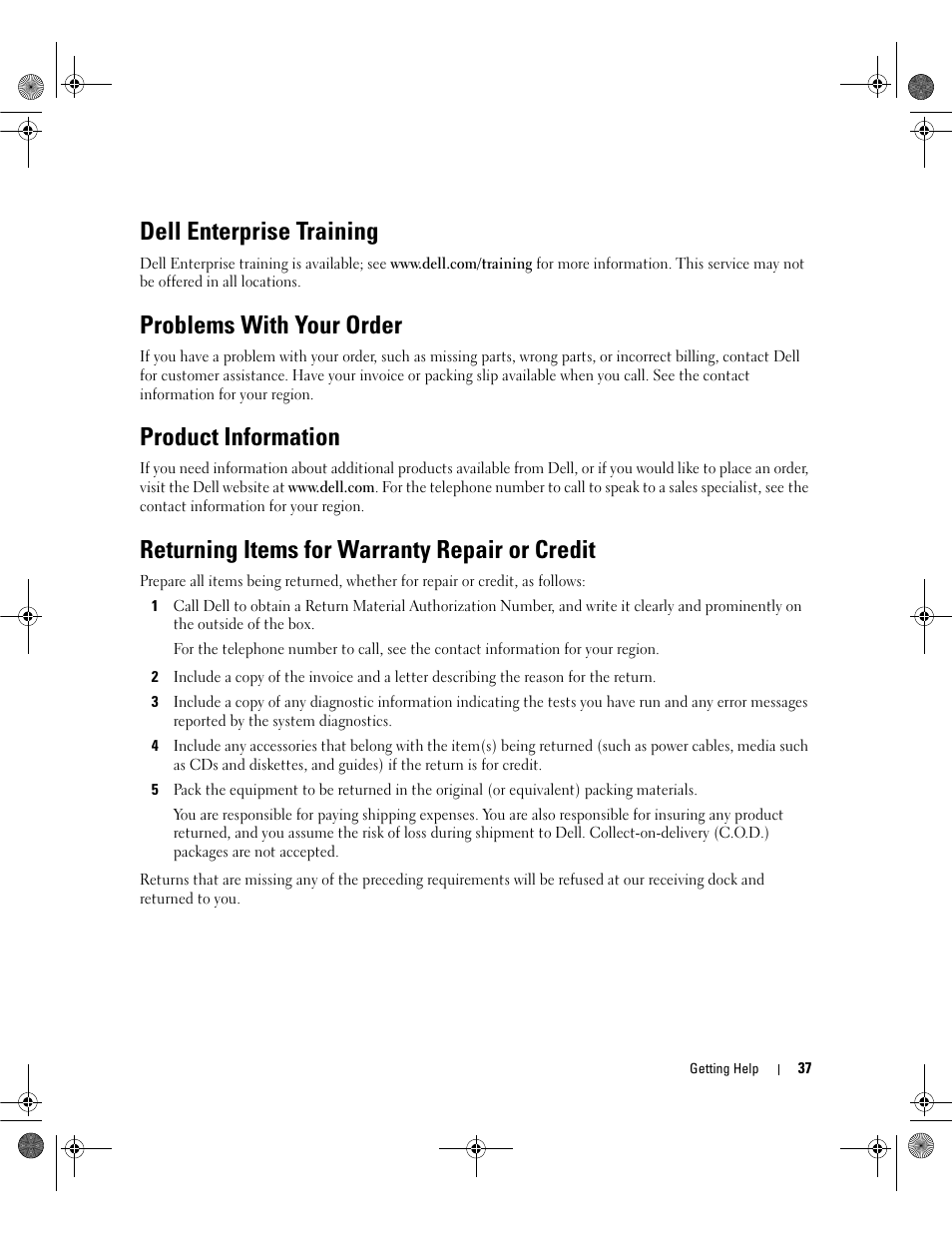 Dell enterprise training, Problems with your order, Product information | Returning items for warranty repair or credit | Dell Serial Attached SCSI Host Bus Adapter 5i Integrated and 5E Adapter User Manual | Page 39 / 58