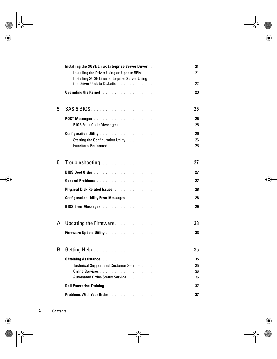 5sas 5 bios, 6troubleshooting, A updating the firmware | B getting help | Dell Serial Attached SCSI Host Bus Adapter 5i Integrated and 5E Adapter User Manual | Page 6 / 58