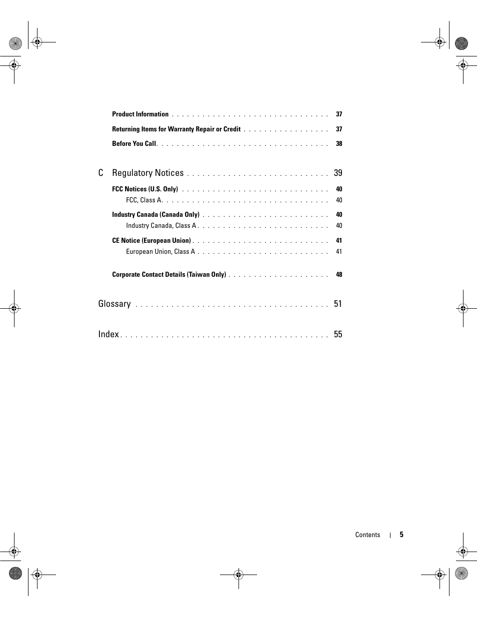Cregulatory notices, Glossary, 51 index | Dell Serial Attached SCSI Host Bus Adapter 5i Integrated and 5E Adapter User Manual | Page 7 / 58