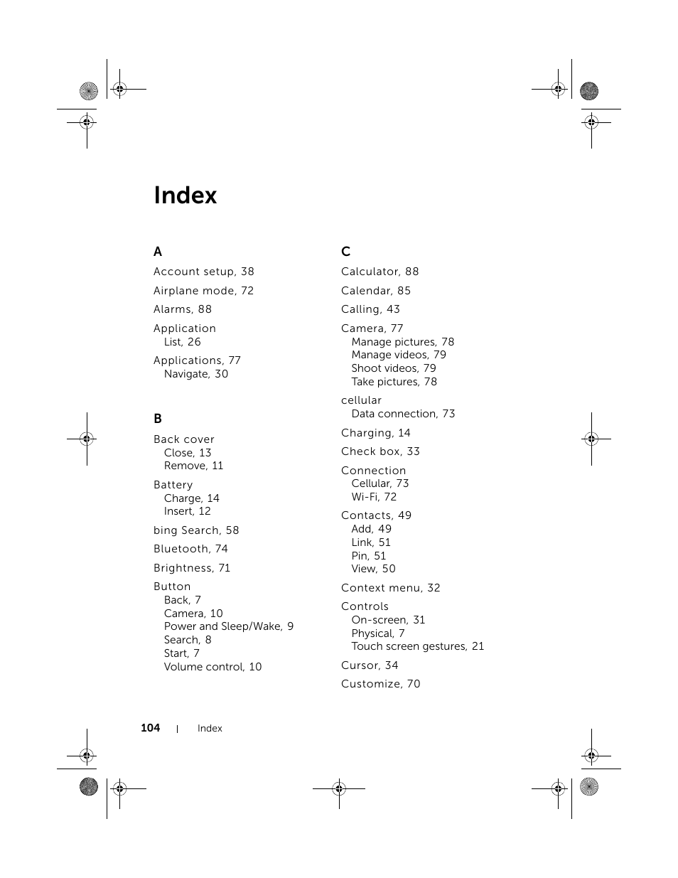 Index | Dell Mobile Venue Pro User Manual | Page 104 / 107