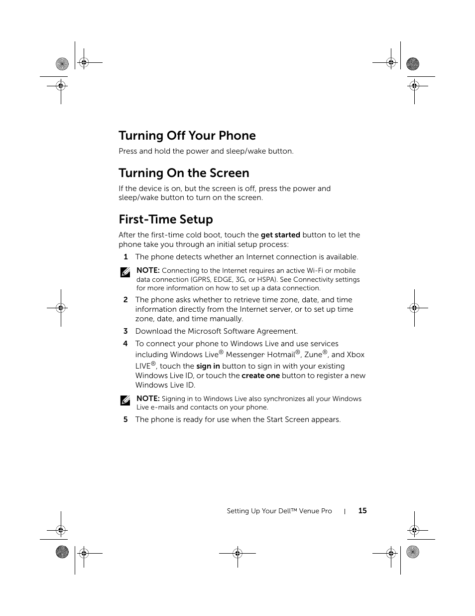 Turning off your phone, Turning on the screen, First-time setup | Dell Mobile Venue Pro User Manual | Page 15 / 107