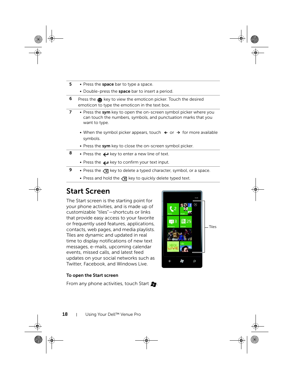 Start screen, To open the start screen | Dell Mobile Venue Pro User Manual | Page 18 / 107