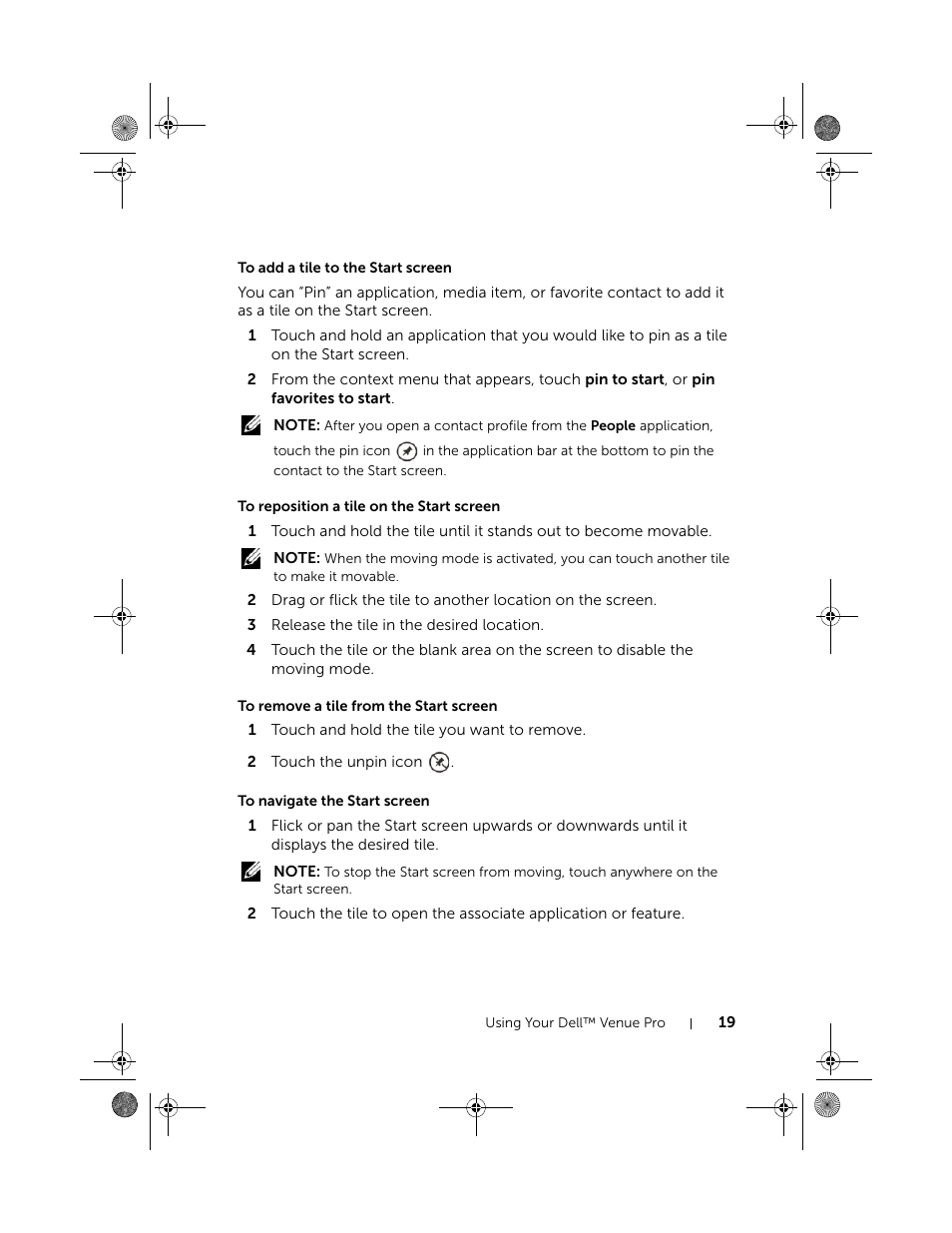 To add a tile to the start screen, To reposition a tile on the start screen, To remove a tile from the start screen | To navigate the start screen | Dell Mobile Venue Pro User Manual | Page 19 / 107