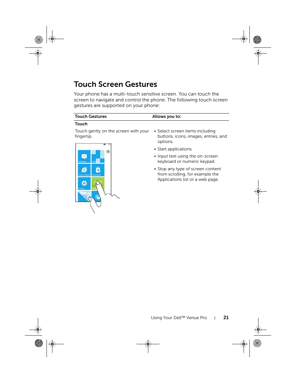 Touch screen gestures | Dell Mobile Venue Pro User Manual | Page 21 / 107
