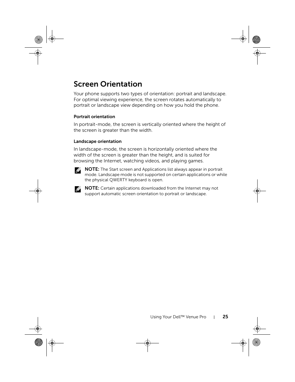 Screen orientation, Portrait orientation, Landscape orientation | Dell Mobile Venue Pro User Manual | Page 25 / 107