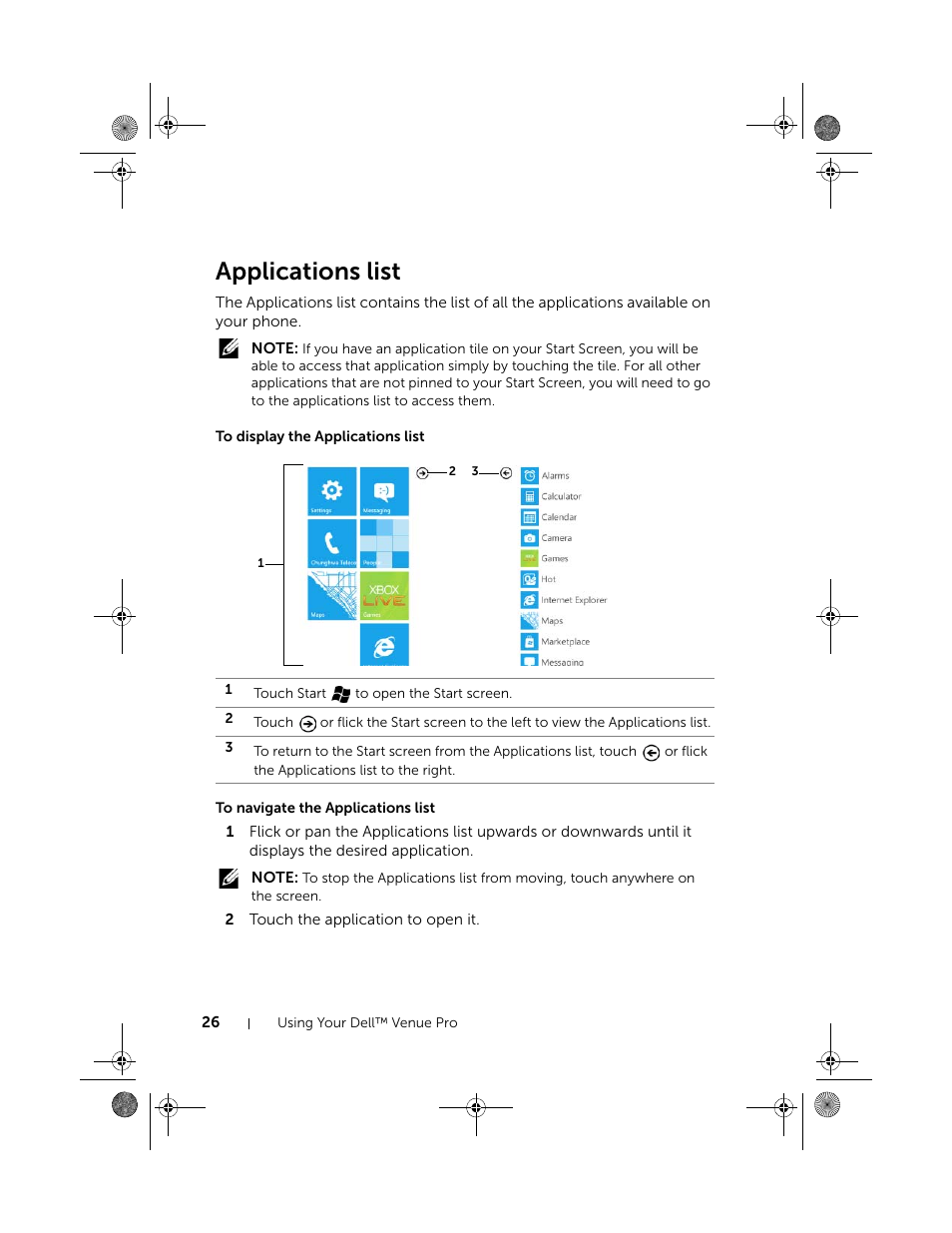 Applications list, To display the applications list, To navigate the applications list | Dell Mobile Venue Pro User Manual | Page 26 / 107