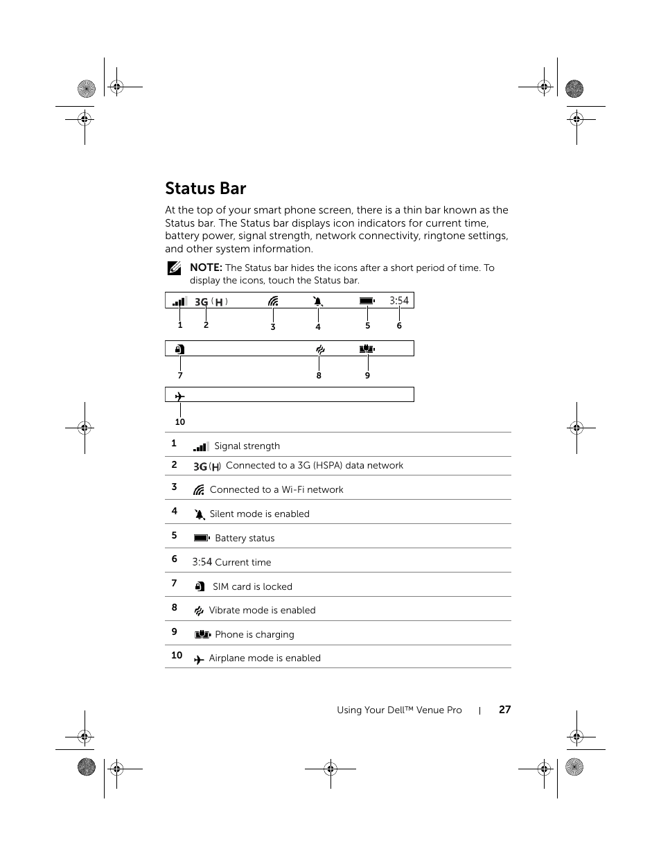 Status bar | Dell Mobile Venue Pro User Manual | Page 27 / 107