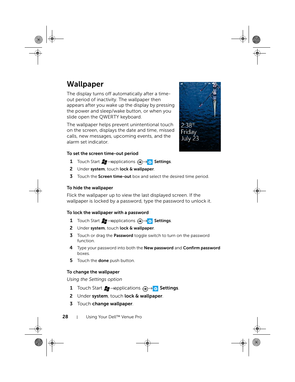 Wallpaper, To set the screen time-out period, To hide the wallpaper | To lock the wallpaper with a password, To change the wallpaper | Dell Mobile Venue Pro User Manual | Page 28 / 107