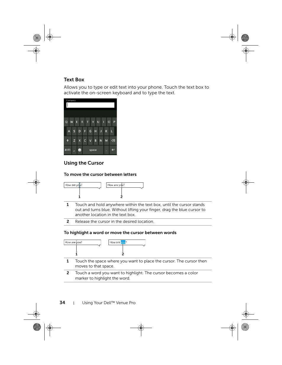 Text box, Using the cursor, To move the cursor between letters | Dell Mobile Venue Pro User Manual | Page 34 / 107
