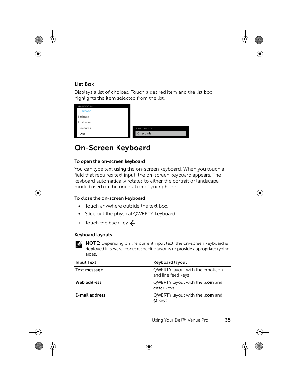 List box, On-screen keyboard, To open the on-screen keyboard | To close the on-screen keyboard, Keyboard layouts | Dell Mobile Venue Pro User Manual | Page 35 / 107