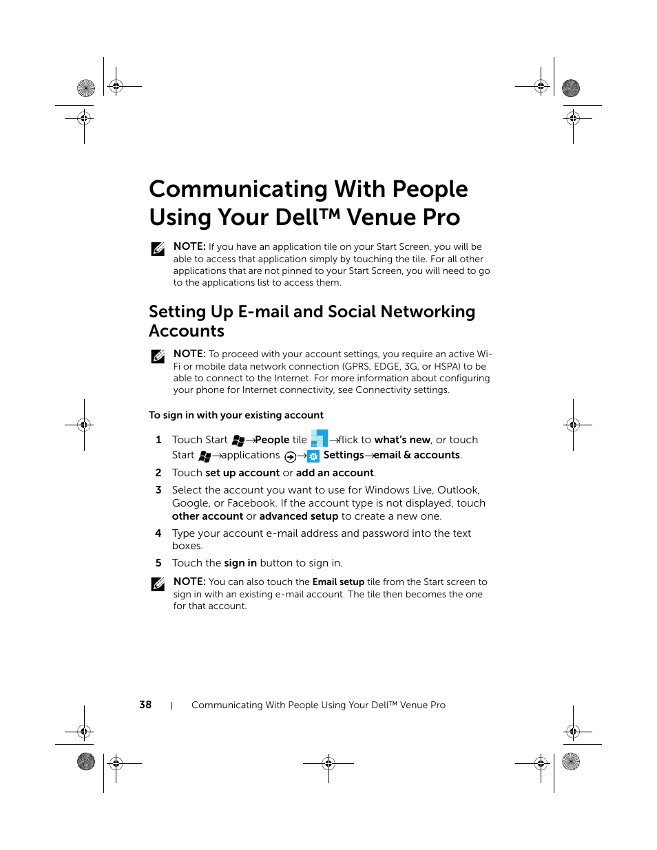 Setting up e-mail and social networking accounts, To sign in with your existing account | Dell Mobile Venue Pro User Manual | Page 38 / 107