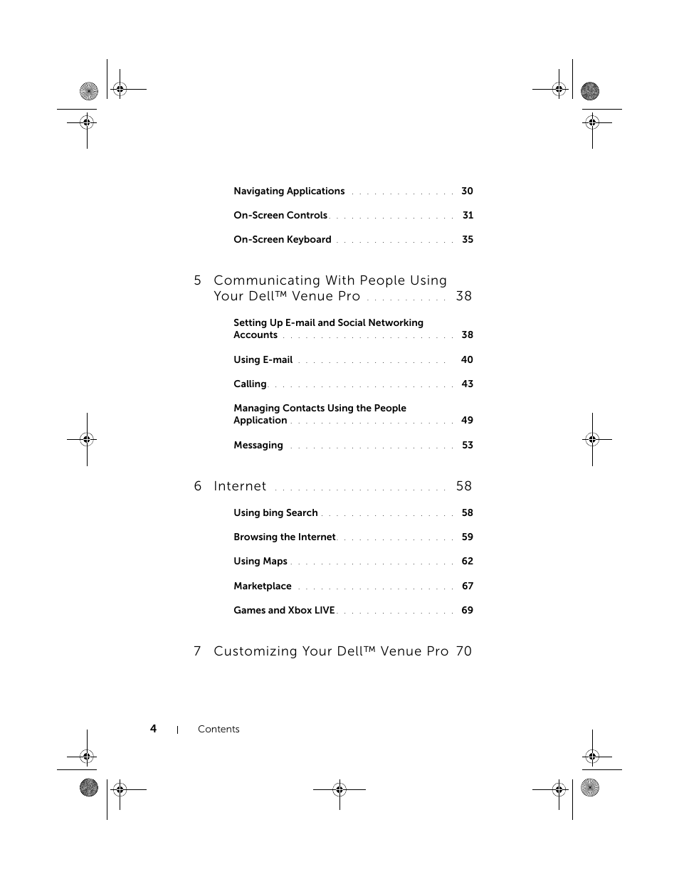6 internet, 7customizing your dell™ venue pro | Dell Mobile Venue Pro User Manual | Page 4 / 107