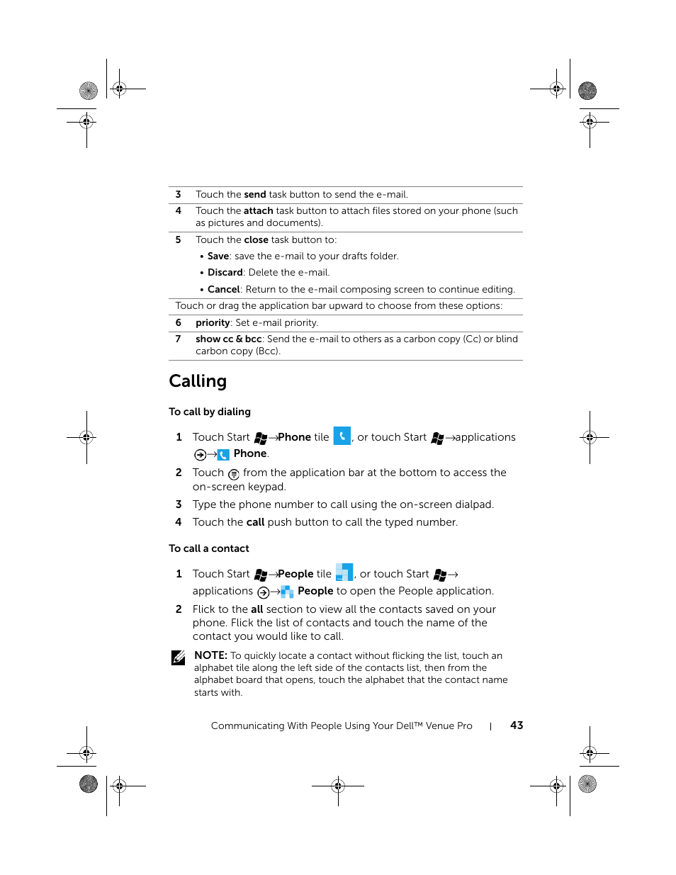 Calling, To call by dialing, To call a contact | Dell Mobile Venue Pro User Manual | Page 43 / 107
