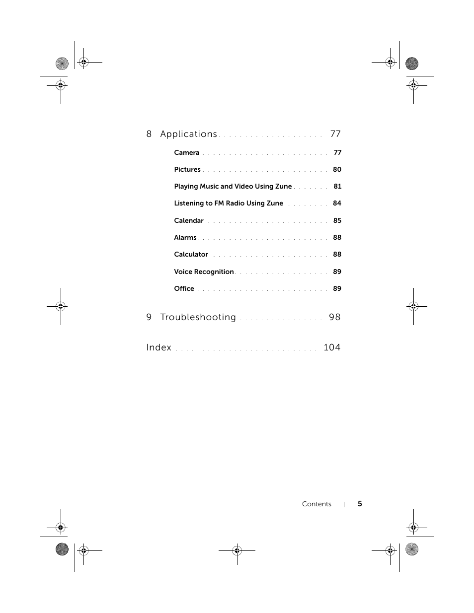 8 applications, 9 troubleshooting, 98 index | Dell Mobile Venue Pro User Manual | Page 5 / 107