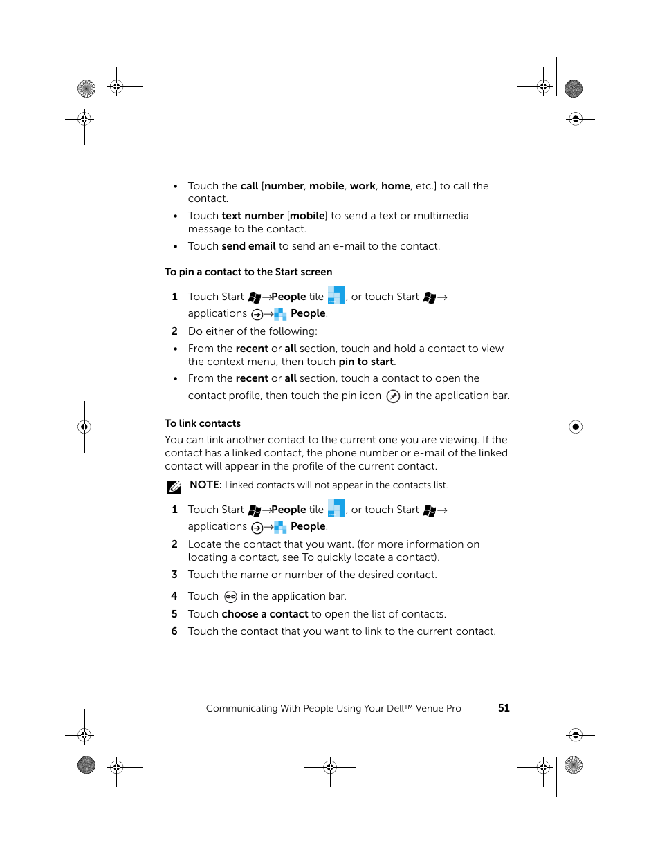 To pin a contact to the start screen, To link contacts | Dell Mobile Venue Pro User Manual | Page 51 / 107