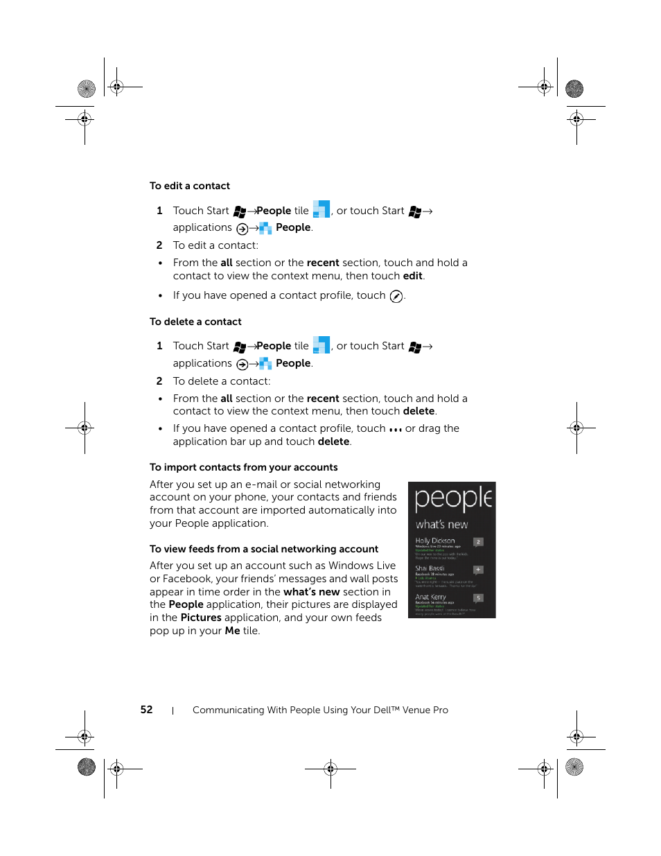 To edit a contact, To delete a contact, To import contacts from your accounts | To view feeds from a social networking account | Dell Mobile Venue Pro User Manual | Page 52 / 107