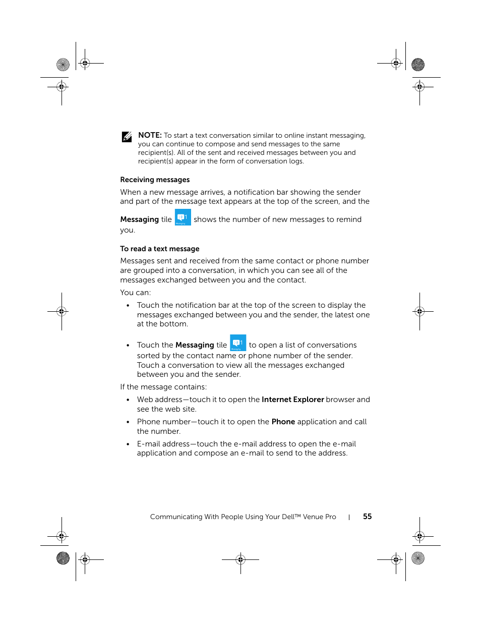 Receiving messages, To read a text message | Dell Mobile Venue Pro User Manual | Page 55 / 107