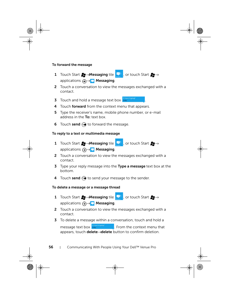 To forward the message, To reply to a text or multimedia message, To delete a message or a message thread | Dell Mobile Venue Pro User Manual | Page 56 / 107