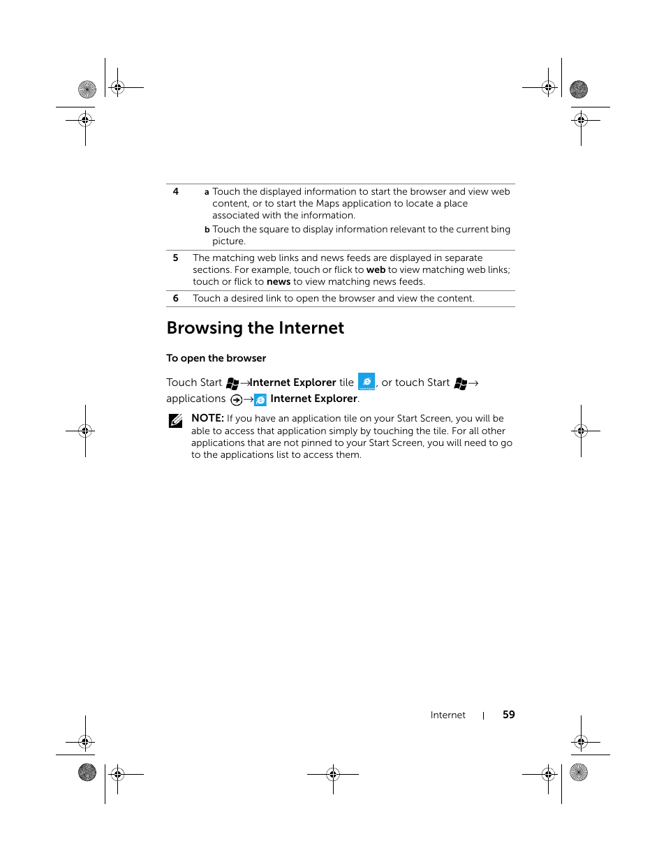Browsing the internet, To open the browser | Dell Mobile Venue Pro User Manual | Page 59 / 107