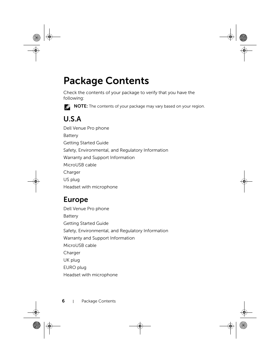 Package contents, U.s.a, Europe | Dell Mobile Venue Pro User Manual | Page 6 / 107