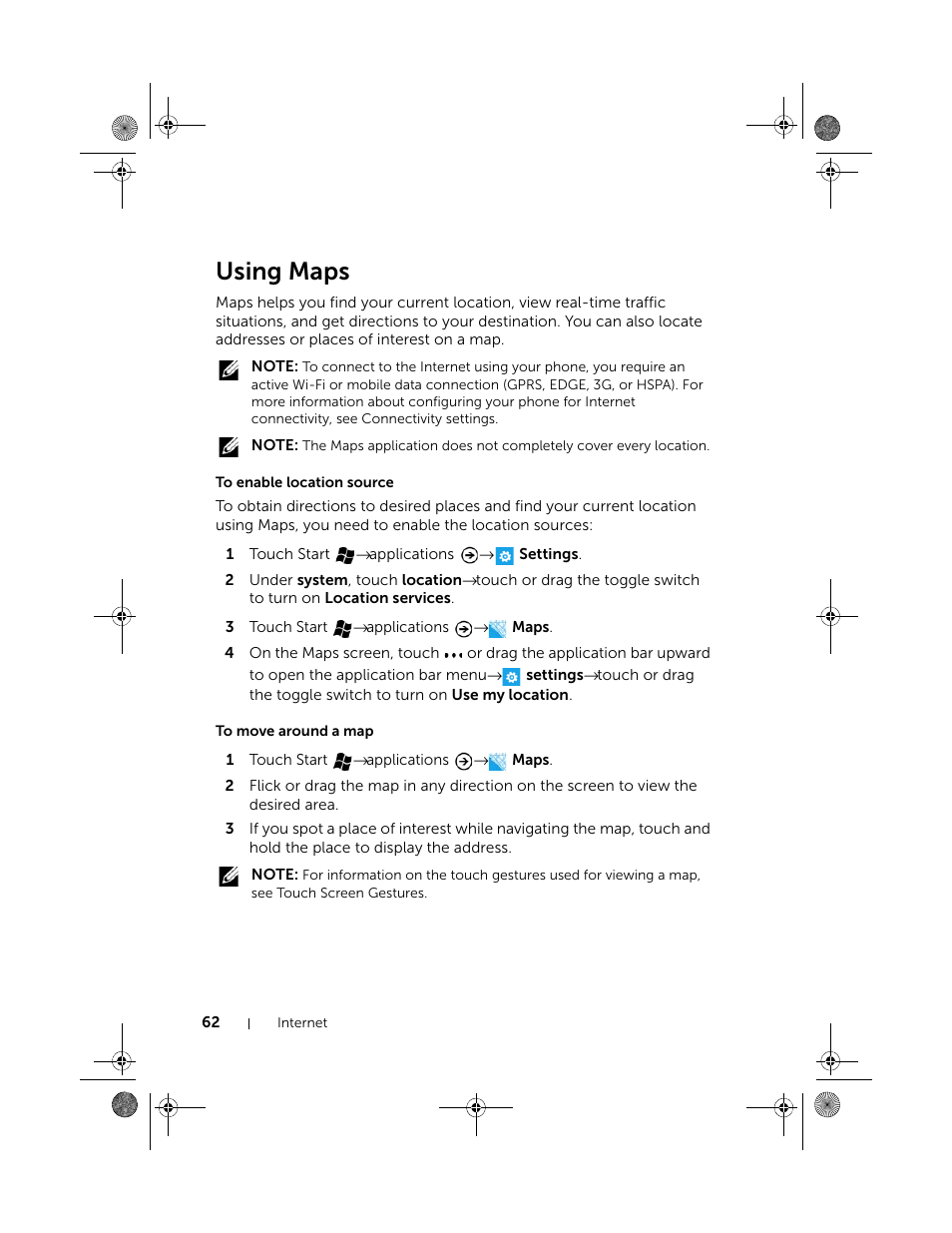 Using maps, To enable location source, To move around a map | Dell Mobile Venue Pro User Manual | Page 62 / 107