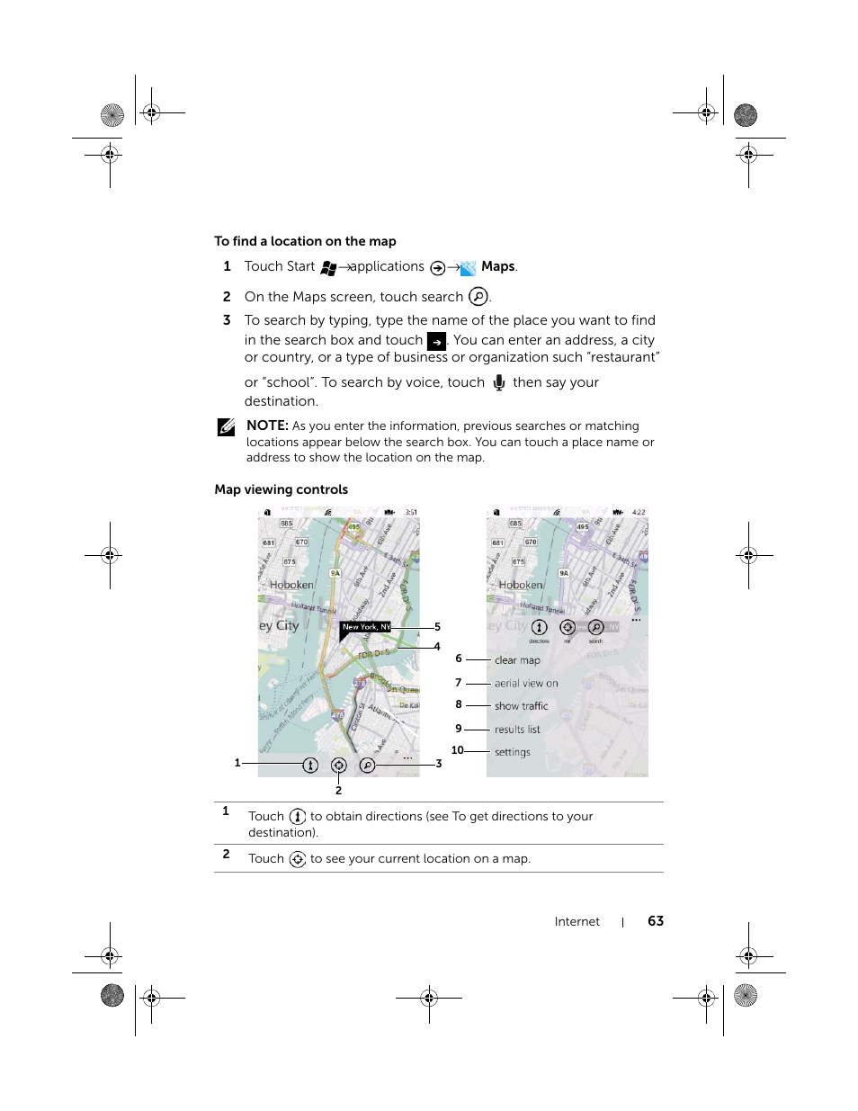 To find a location on the map, Map viewing controls | Dell Mobile Venue Pro User Manual | Page 63 / 107