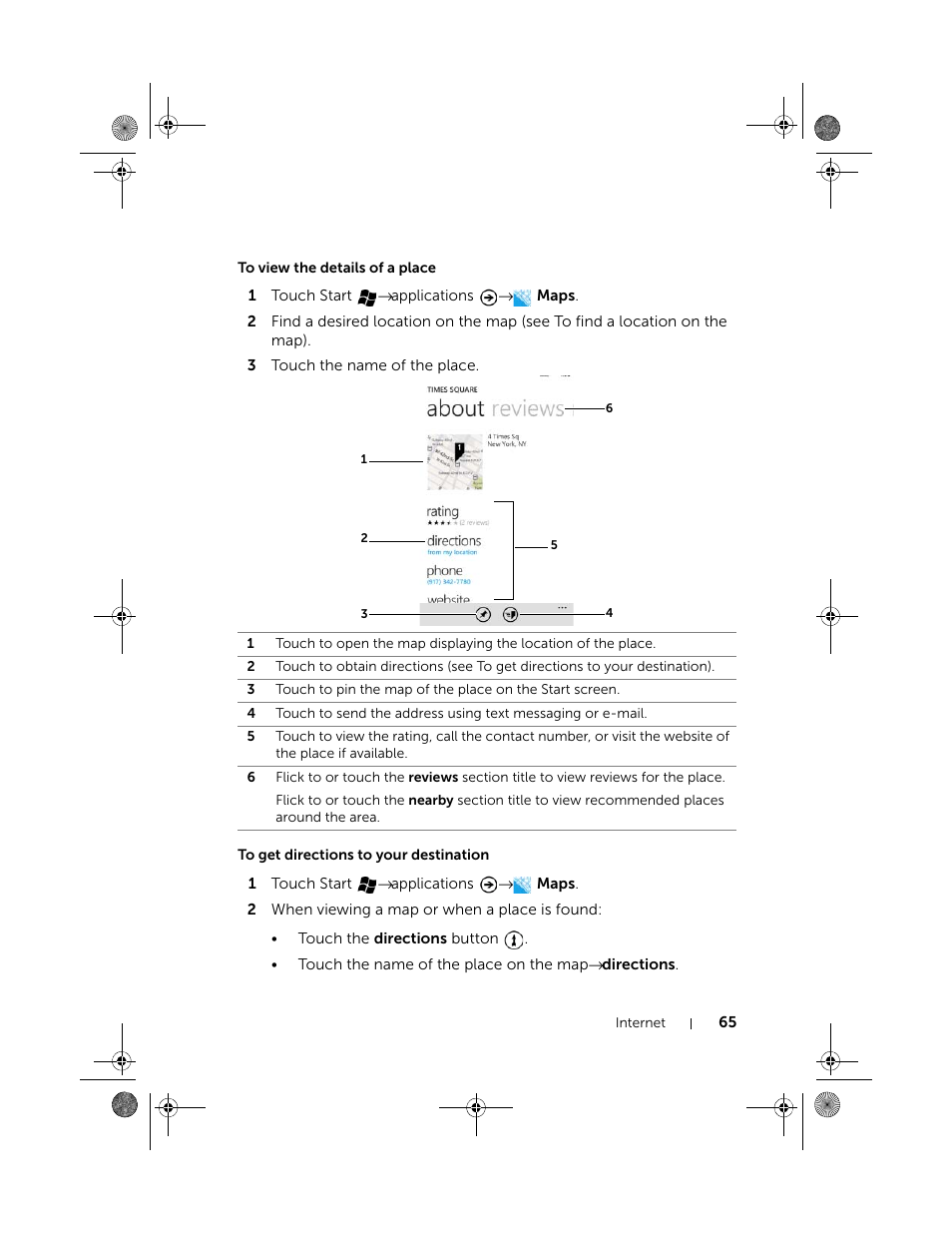 To view the details of a place, To get directions to your destination | Dell Mobile Venue Pro User Manual | Page 65 / 107