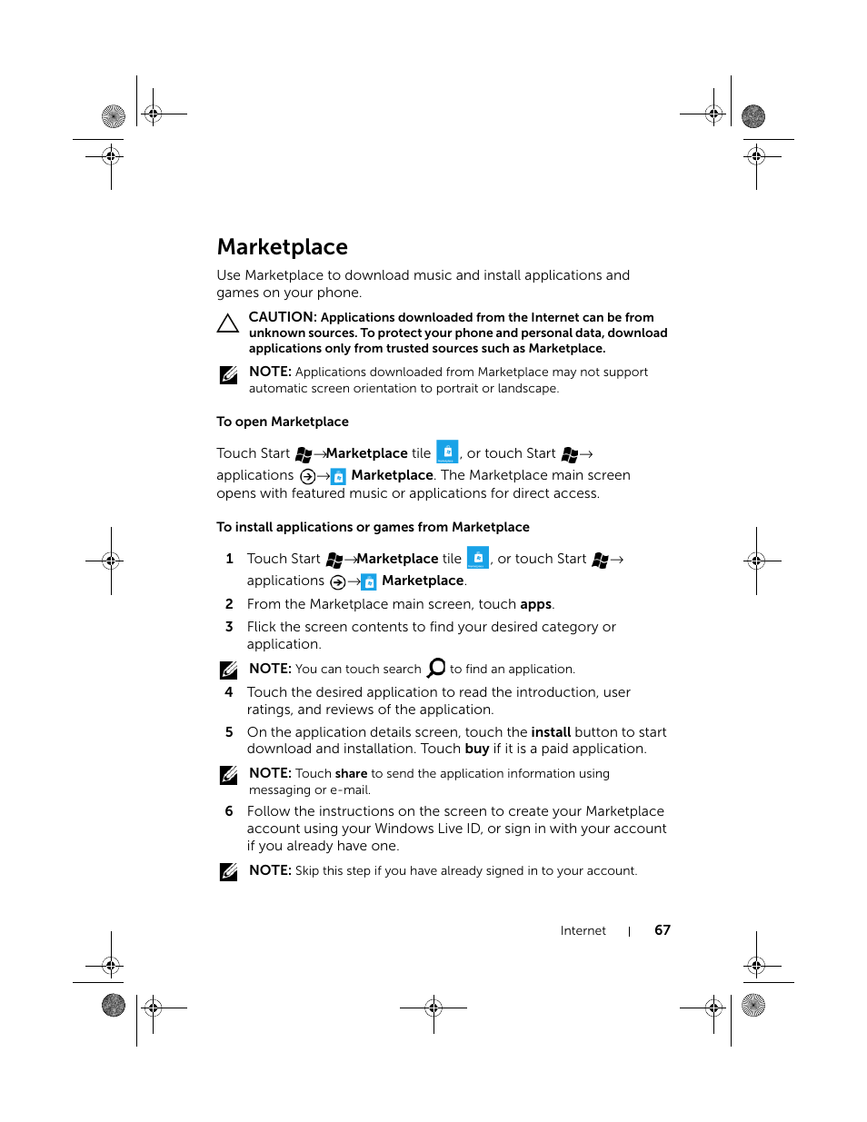 Marketplace, To open marketplace, To install applications or games from marketplace | Dell Mobile Venue Pro User Manual | Page 67 / 107