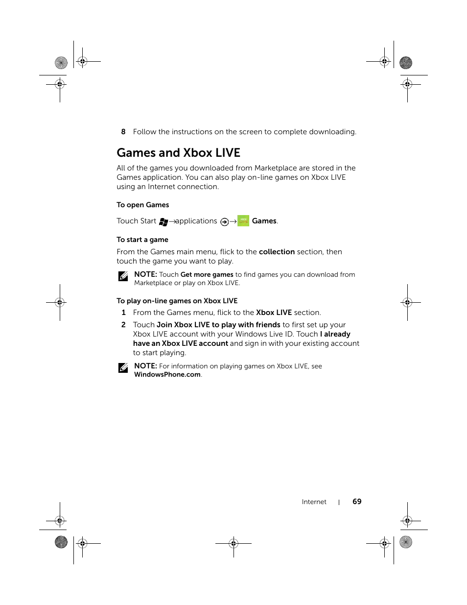 Games and xbox live, To open games, To start a game | To play on-line games on xbox live | Dell Mobile Venue Pro User Manual | Page 69 / 107
