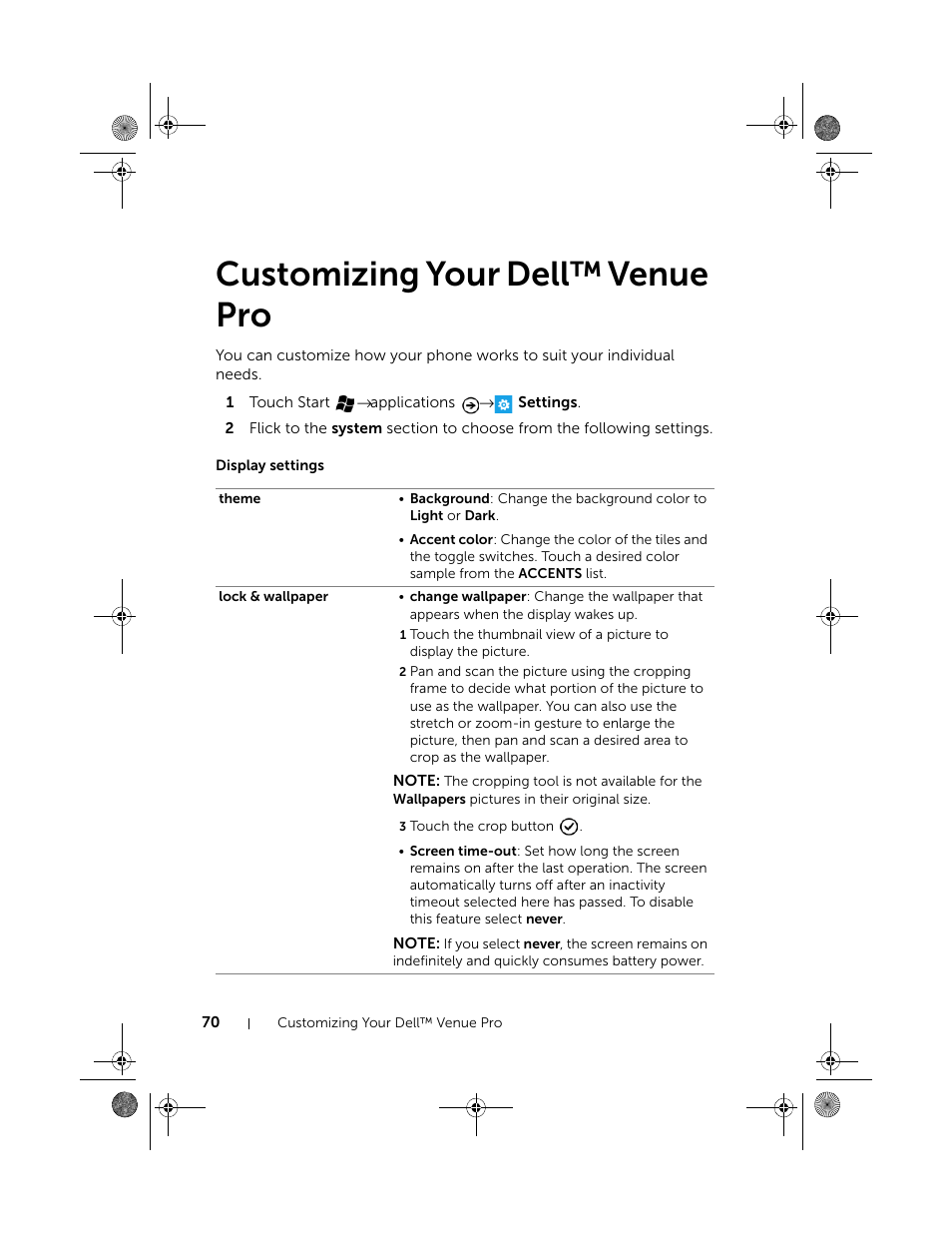 Customizing your dell™ venue pro, Display settings | Dell Mobile Venue Pro User Manual | Page 70 / 107