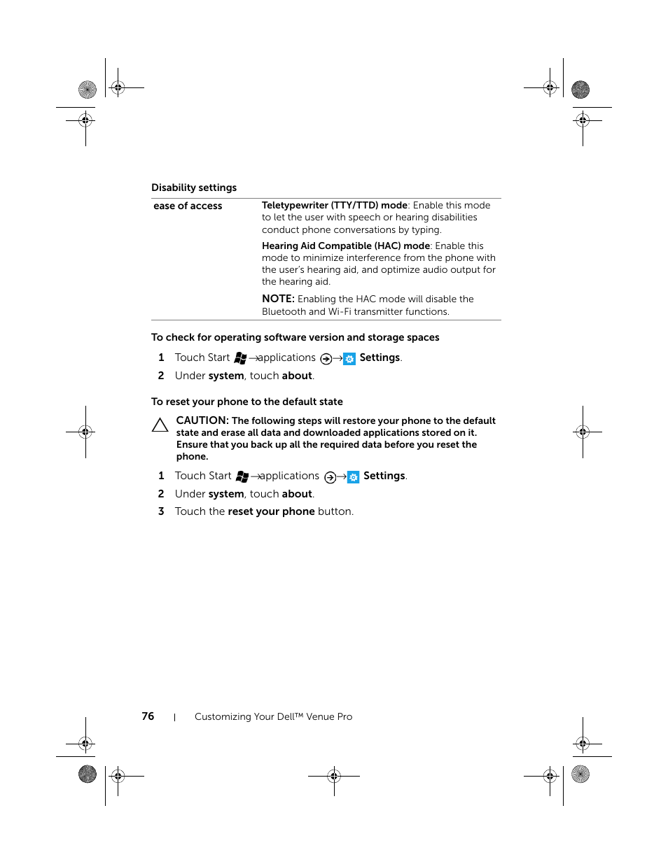 Disability settings, To reset your phone to the default state | Dell Mobile Venue Pro User Manual | Page 76 / 107