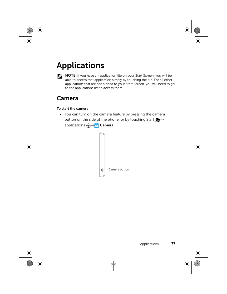 Applications, Camera, To start the camera | Dell Mobile Venue Pro User Manual | Page 77 / 107