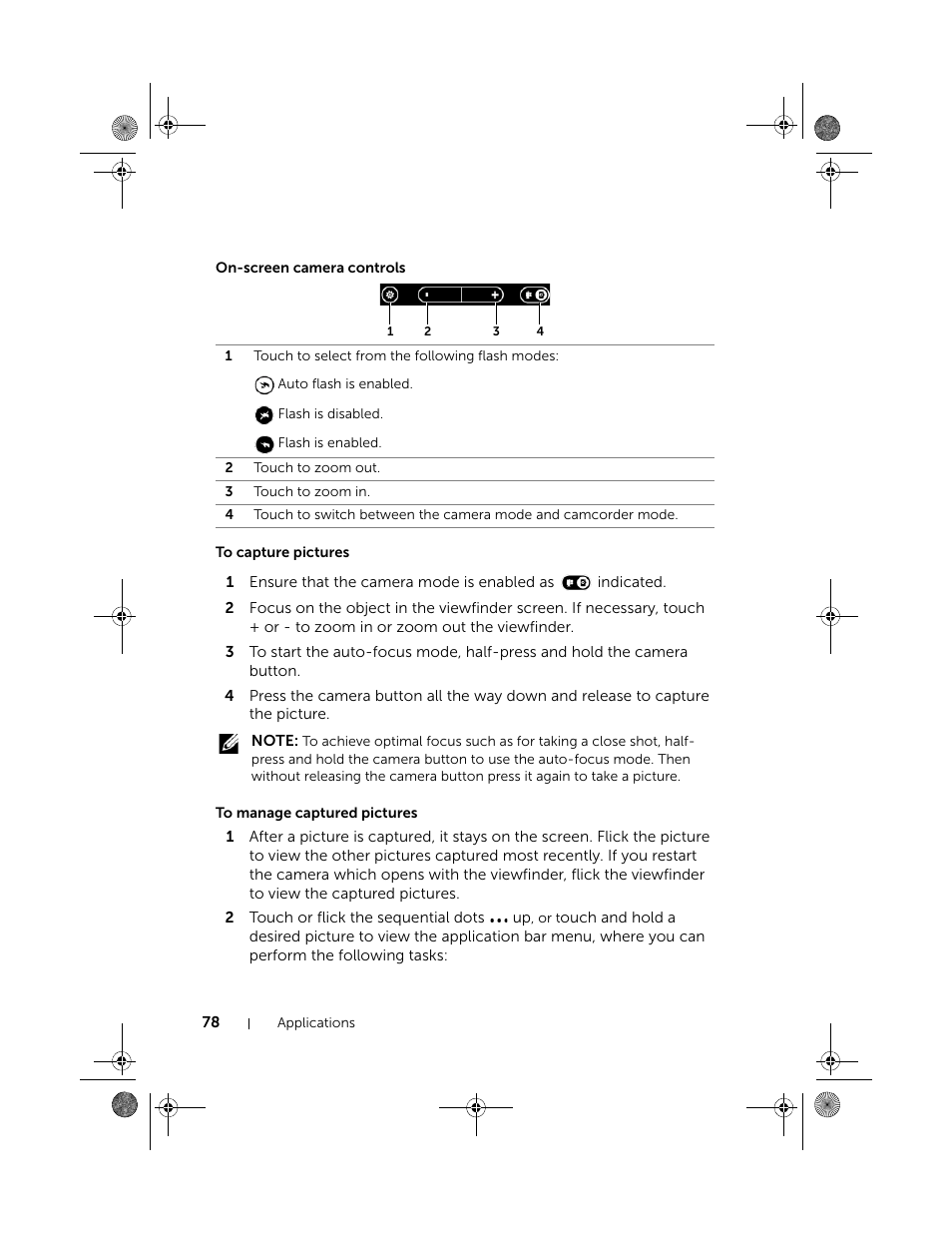 On-screen camera controls, To capture pictures, To manage captured pictures | Dell Mobile Venue Pro User Manual | Page 78 / 107