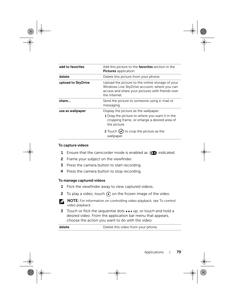 To capture videos, To manage captured videos | Dell Mobile Venue Pro User Manual | Page 79 / 107