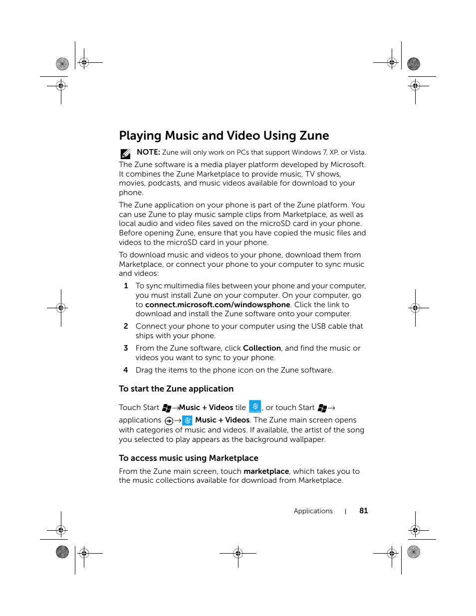Playing music and video using zune, To start the zune application, To access music using marketplace | Dell Mobile Venue Pro User Manual | Page 81 / 107