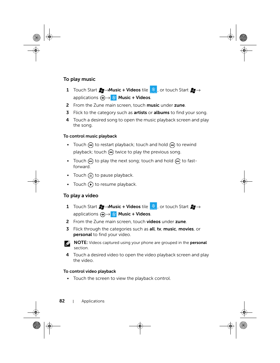 To play music, To control music playback, To play a video | To control video playback, Video playback, see to control, Video playback | Dell Mobile Venue Pro User Manual | Page 82 / 107
