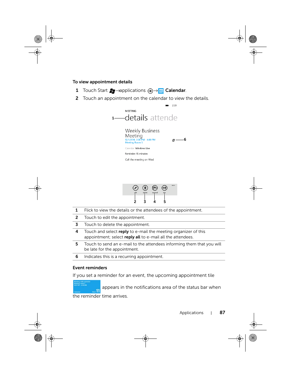 To view appointment details, Event reminders | Dell Mobile Venue Pro User Manual | Page 87 / 107