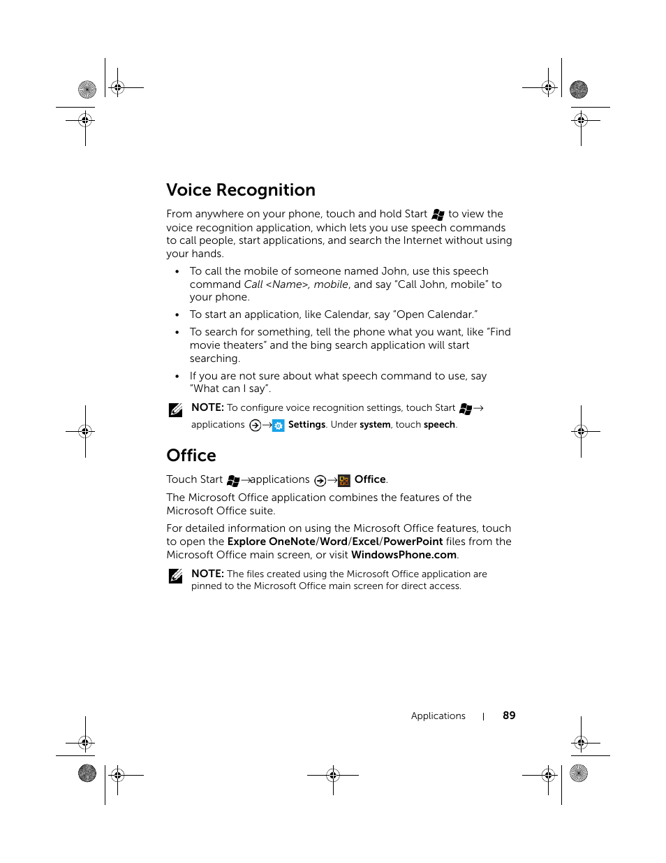 Voice recognition, Office | Dell Mobile Venue Pro User Manual | Page 89 / 107