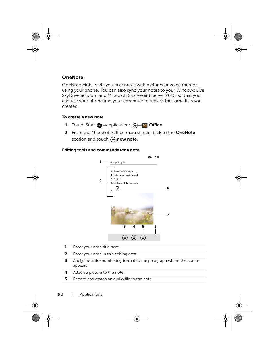Onenote, To create a new note, Editing tools and commands for a note | Dell Mobile Venue Pro User Manual | Page 90 / 107
