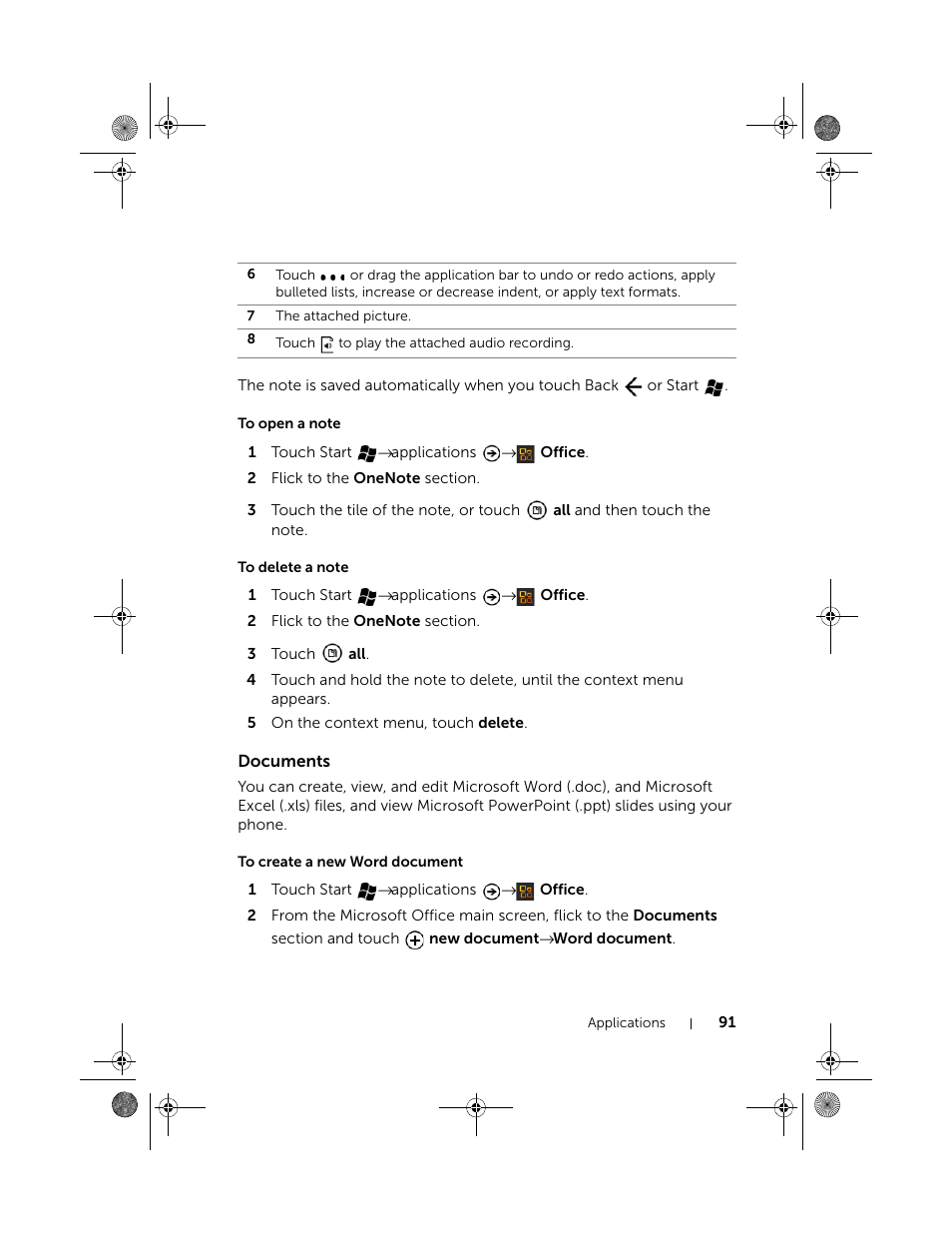To open a note, To delete a note, Documents | To create a new word document | Dell Mobile Venue Pro User Manual | Page 91 / 107