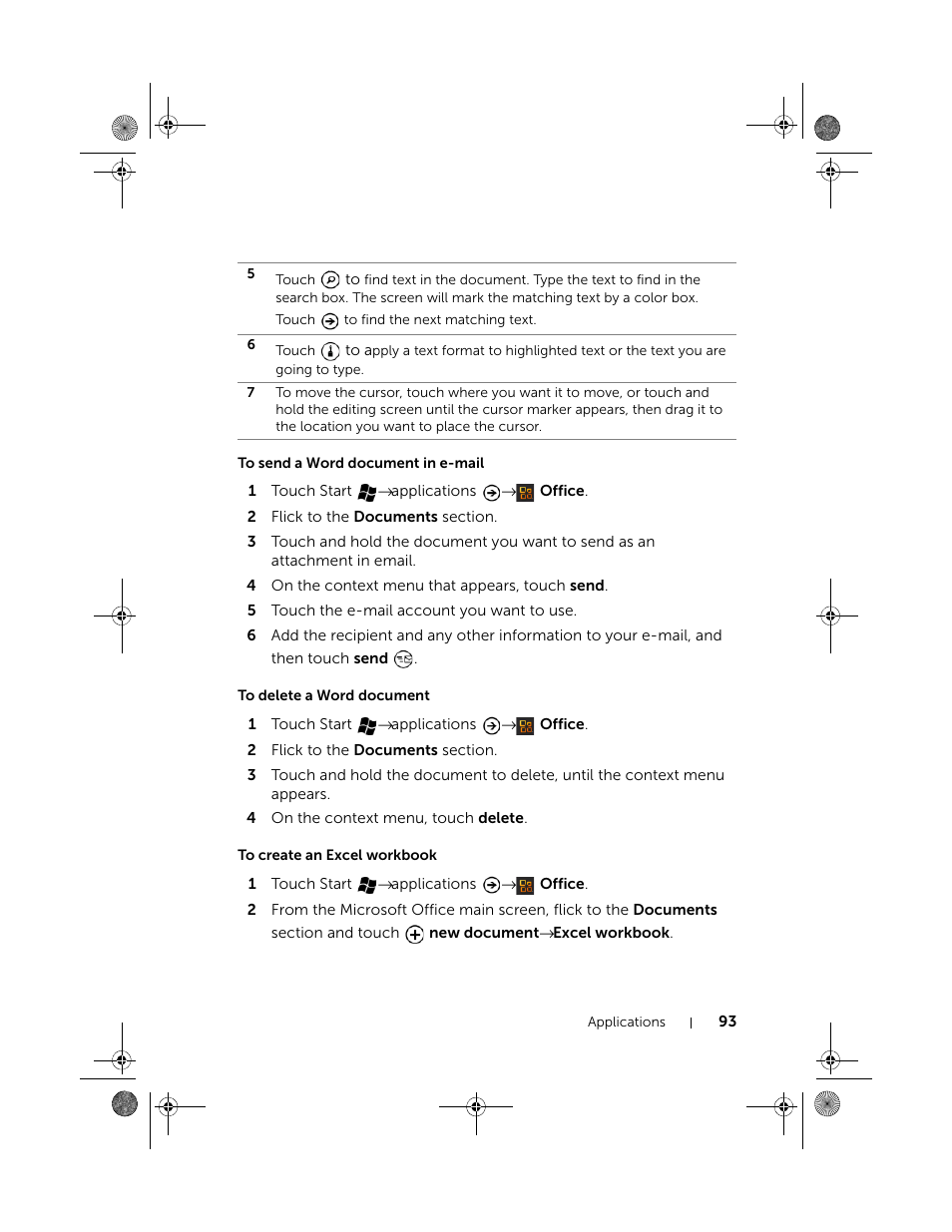 To send a word document in e-mail, To delete a word document, To create an excel workbook | Dell Mobile Venue Pro User Manual | Page 93 / 107