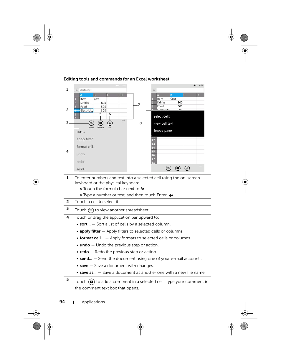 Editing tools and commands for an excel worksheet | Dell Mobile Venue Pro User Manual | Page 94 / 107